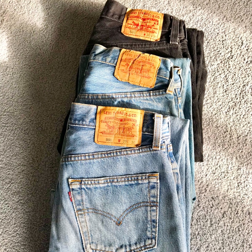 3 pair original Levi 501 vintage jeans.